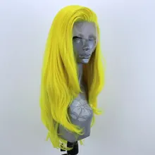 Желтый цвет натуральный прямой слоистый синтетический парик фронта шнурка бесклеевой температура волокна свободный пробор волос парики для женщин девушек
