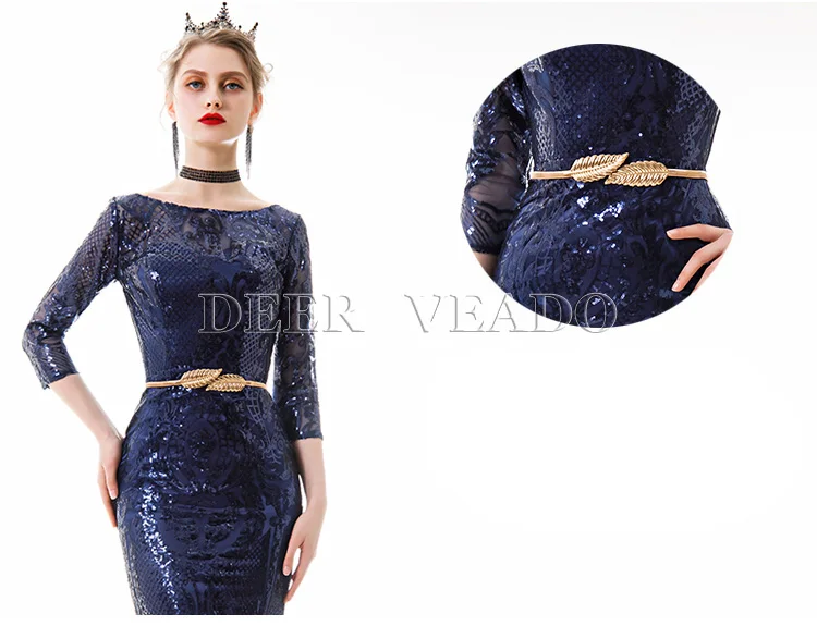 DEERVEADO Sexy Mermaid Evening Dress Long Formal Party Dresses Evening Gown Sequins Lace Occasion Dresses with Belt YS455