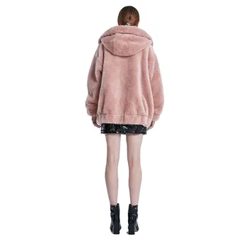 

new winter 2020 high quality wool leather jacket with cap real sheep fur female coat long section fashion loose coat large size