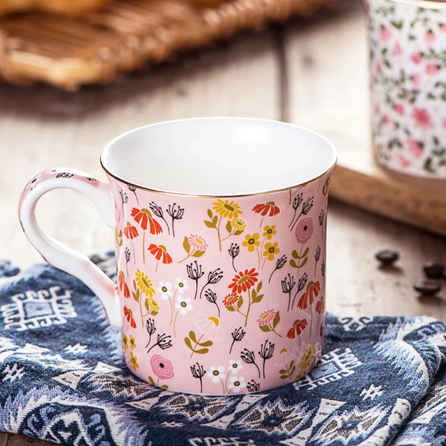 Pink Flowers gold tracing bone china coffee mug 4