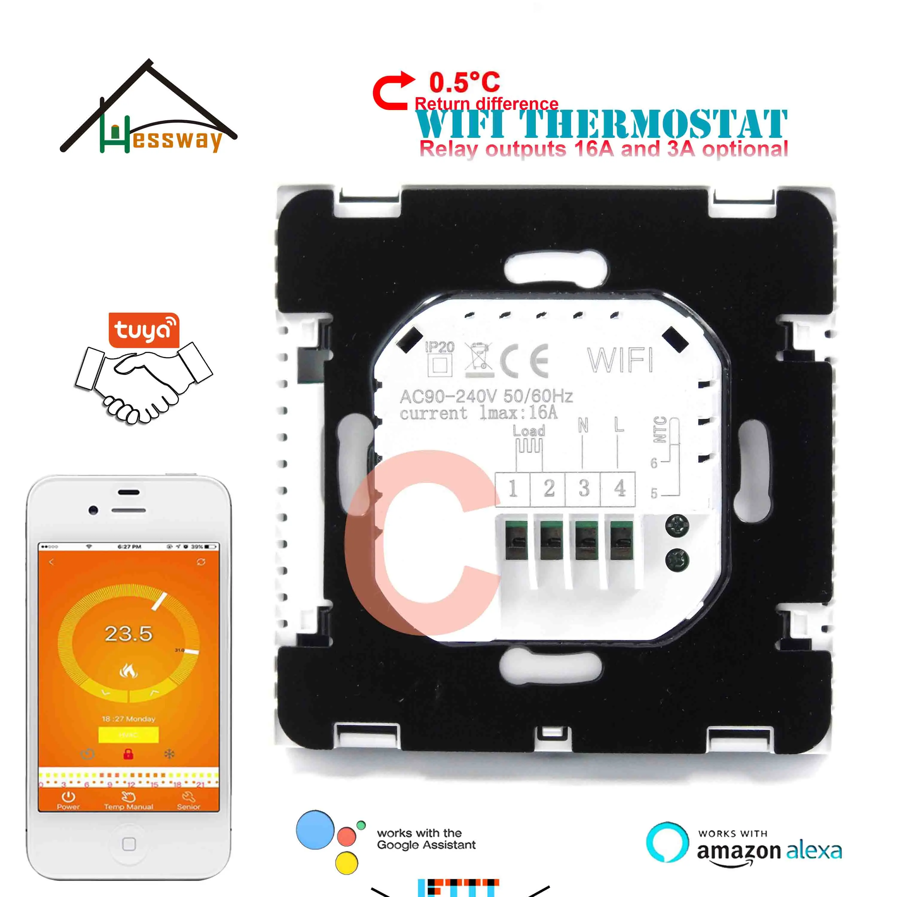 HESSWAY Radiant Floor Heating TUYA WIFI THERMOSTAT for 3A/16A Relay switch