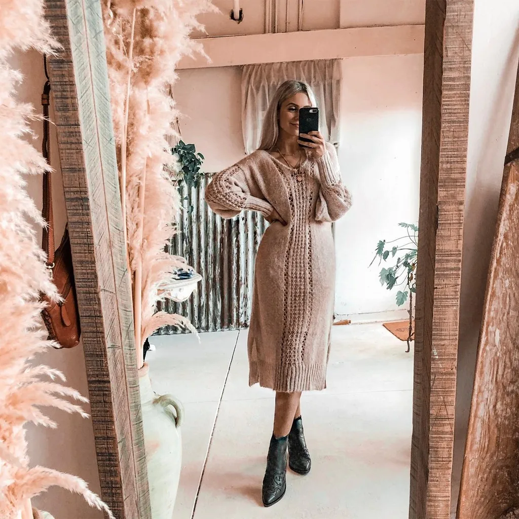 Женское платье трикотажное платье осень зима дамское сексуальное с v-образным вырезом открытое с длинным рукавом платье-свитер винтажный корейский пуловер