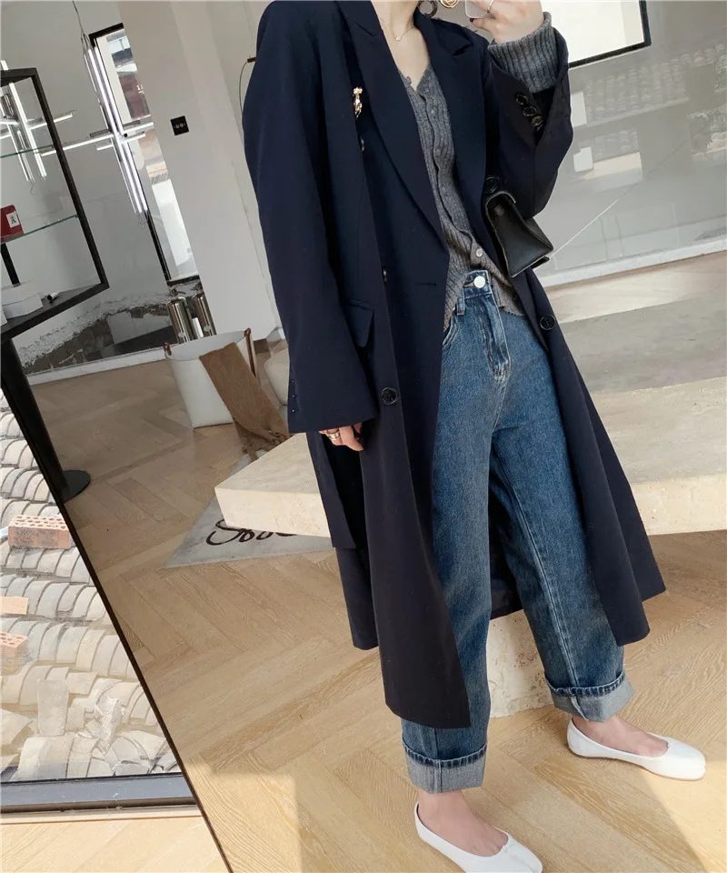 

19 Autumn New Style Korean-style Solid Color Simple Double Breasted Long Suit Collar Trench Coat WOMEN'S Belt F4532