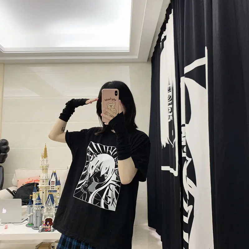 Women's t-shirts korean cotton Black Oversize dropshipping Tops harajuku vintage aesthetic gothic graphic punk clothes Anime tee