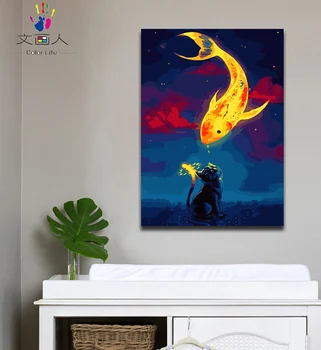 

DIY Painting by numbers black cat and Gold fish pictures paintings by the number with colors on canvas for children with