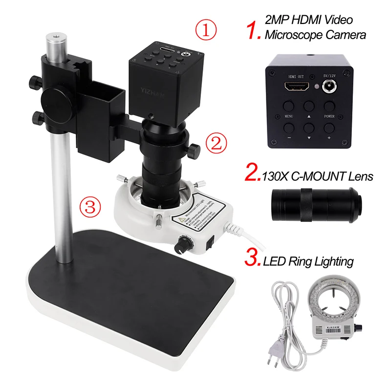 

Digital microscope sets HD 2MP 60F/S HDMI Industrial Microscope Camera+130X C mount lens+ LED Ring Light For soldering