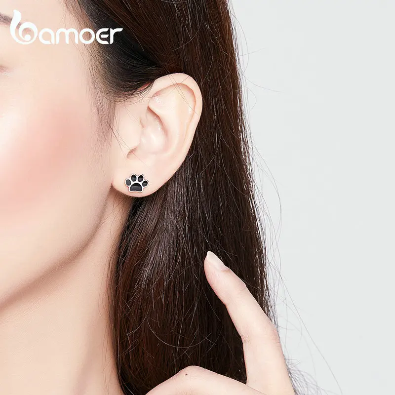 Bamoer, собачья лапа, серебро 925, серьги-гвоздики для девочек, черная эмаль, серьги-гвоздики, Стерлинговое Серебро, модное ювелирное изделие, oreuilles, SCE757