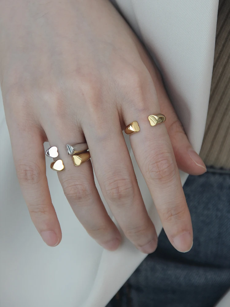 

Titanium With 18 K Gold Sweety Heart Rings Women Stainless Steel Jewelry Punk Designer Club Cocktail Party Japan Korea Fashion