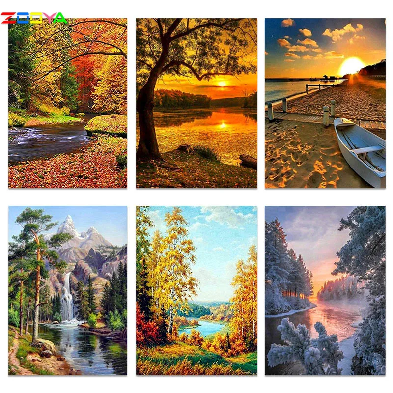 

Diamond Painting Cross-Stitch 5D DIY Diamond Embroidery Landscape Tree River Pictures Of Rhinestones Paintings By Numbers R540