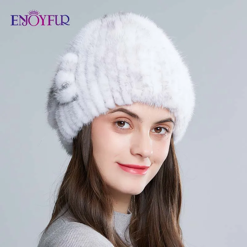 ENJOYFUR натуральный мех норки шапки для женщин зимние высококачественные вязаные меховые шапки толстые теплые русские женские шапки