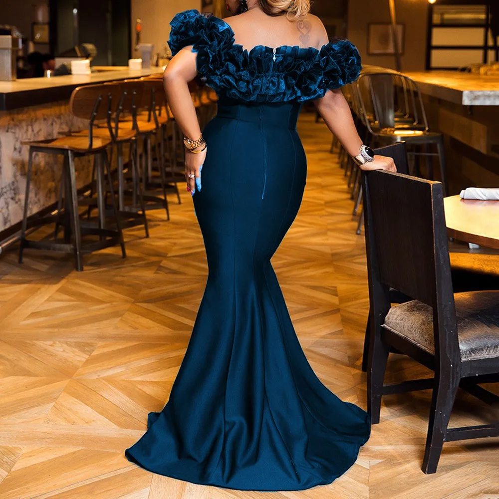 Голубое женское длинное сексуальное платье с вырезом-лодочкой, вечернее платье, платье в африканском стиле для выпускного вечера, Элегантное длинное женское платье