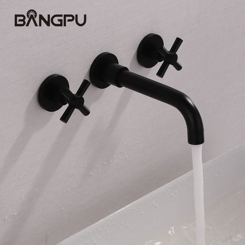 Bangpu Wall Mounted Bathroom Faucet Black Basin Faucet 3 Holes Sink