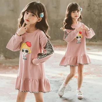

Kids Girls Long Sleeve Dress Spring Fall Hoodies Sweatshirt Dresses Cotton Solid Color Loose Clothes for Teenage 10 12 Years New