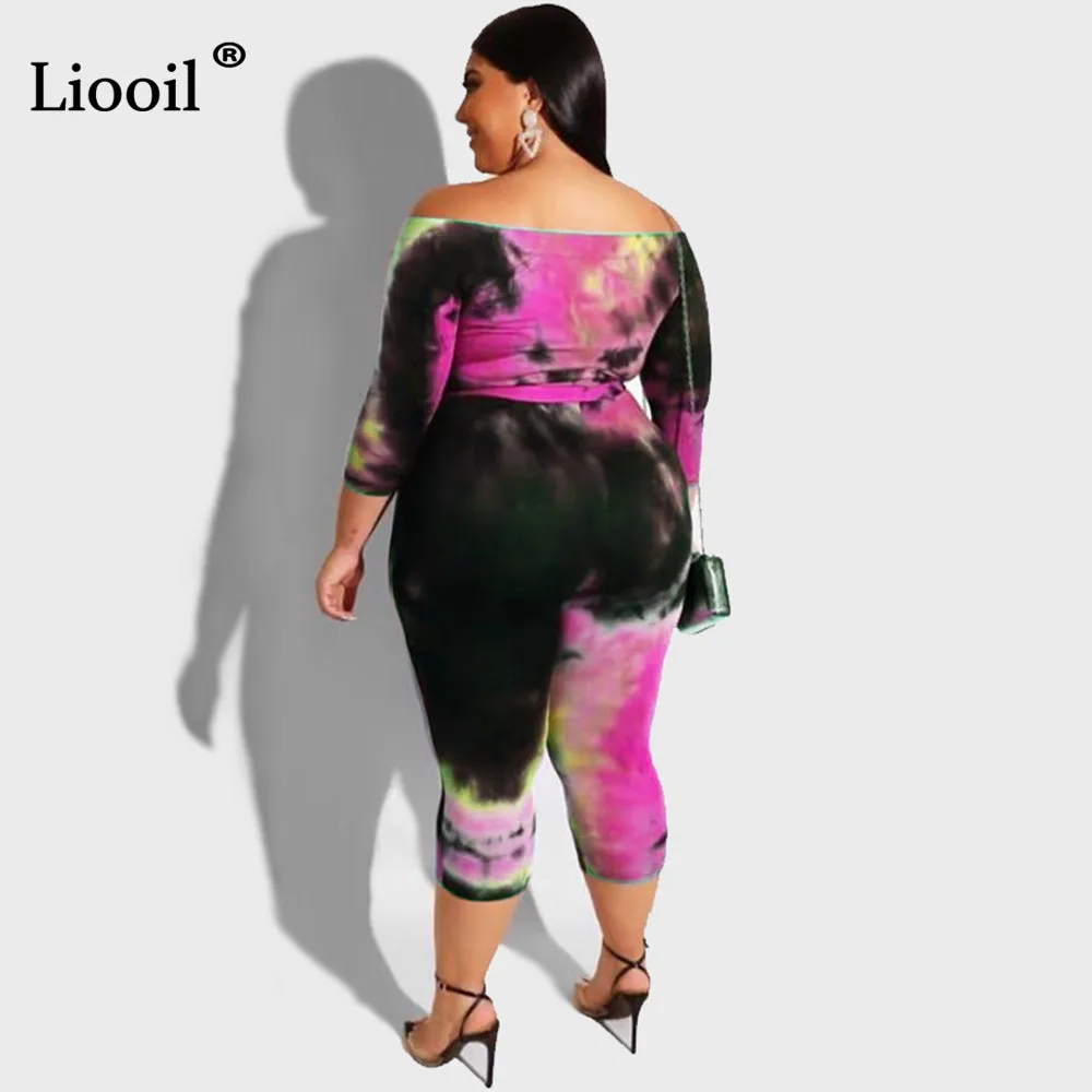 Liooil размера плюс сексуальный комбинезон Tie Dye с длинным рукавом, с открытыми плечами, с поясом, бодикон, вечерние, Клубные комбинезоны, женские комбинезоны
