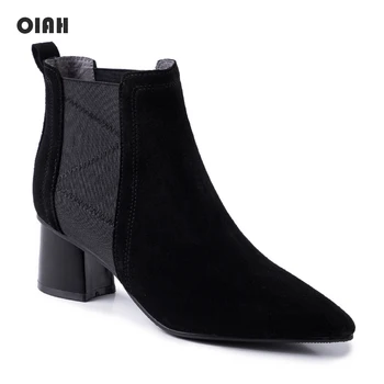 

2020 Ankle Boots for Women Slip on Cow Suede Shoes Square Heel Gladiator Fashion Chelsea Booties Botas Mujer Invierno Zapatos