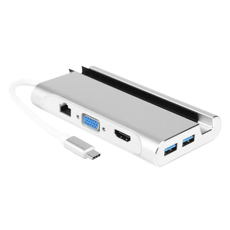 

8 in 1 USB Type-C HUB HDMI VGA LAN RJ45 USB3.0 PD Phone Bracket Adapter Silver Alloy Aluminum Max 4K Resolution USB Hub New Hot