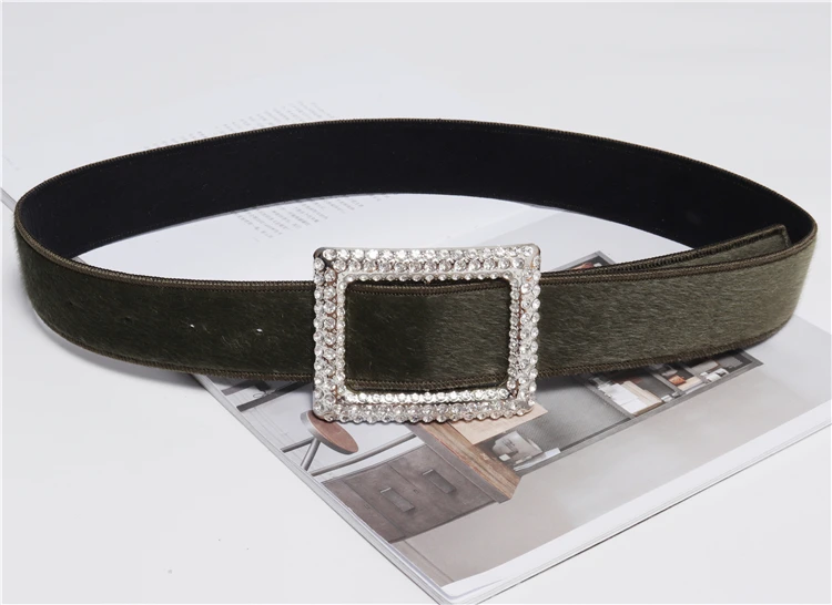 Dark green Дизайнерский двухслойный пояс из ПУ конского волоса,, винтажный регулируемый ремень с пряжкой и стразами, Осенние ремни - Цвет: Dark green