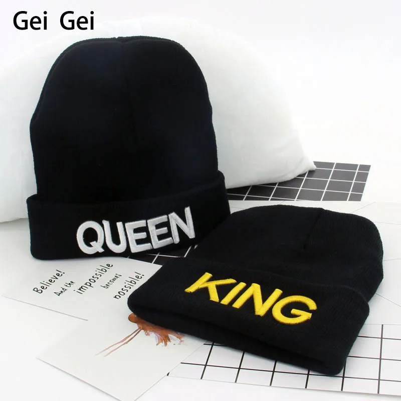

European Style Men's KING Embroidery Knitted Cap Ladies QUEEN Letters Couple Winter Outdoor Ski Hip-Hop Wool Warm Hat Beanie