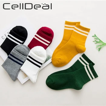 

Cotton Loose Striped Crew Socks Colorful Women Sox Harajuku Designer Retro Yellow White Funny Cute Japanese High School Girls