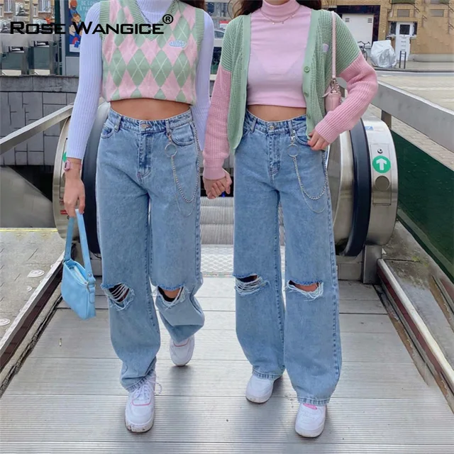 $US $25.92 High Waisted Jeans Wide Leg Straight Leg Sister Blue Ripped Casual Skinny Beach Party 2021 Women Clothing Summer Track Pants