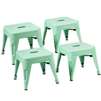 

4-Set Tolix Style Stackable Kids Steel Stool Metal Square Home Toddler Green