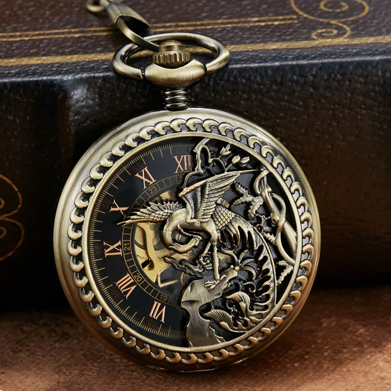 Vintage Mechanical Pocket Watch Hollow Phoenix Bird Roman Skeleton Clock Hand Winding Men Fob Chain Watches Double Case Clock