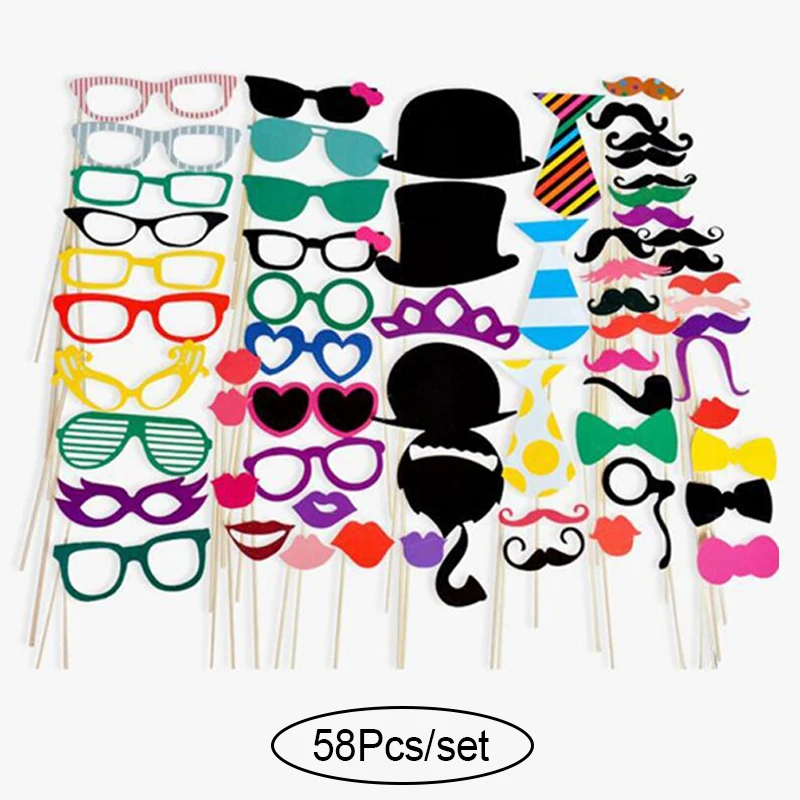 58Pcs set 10-60 шт DIY фото стенд реквизит забавная маска очки Усы губы на палочке День Рождения невесты свадебные украшения вечерние аксессуары - Цвет: 58Pcs set