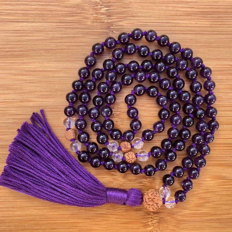 

Hand Knotted Amethysts Clear Q-uartz And Rudraksha Mala Necklace For Women Yoga Meditation Beads 108 Malas For Women