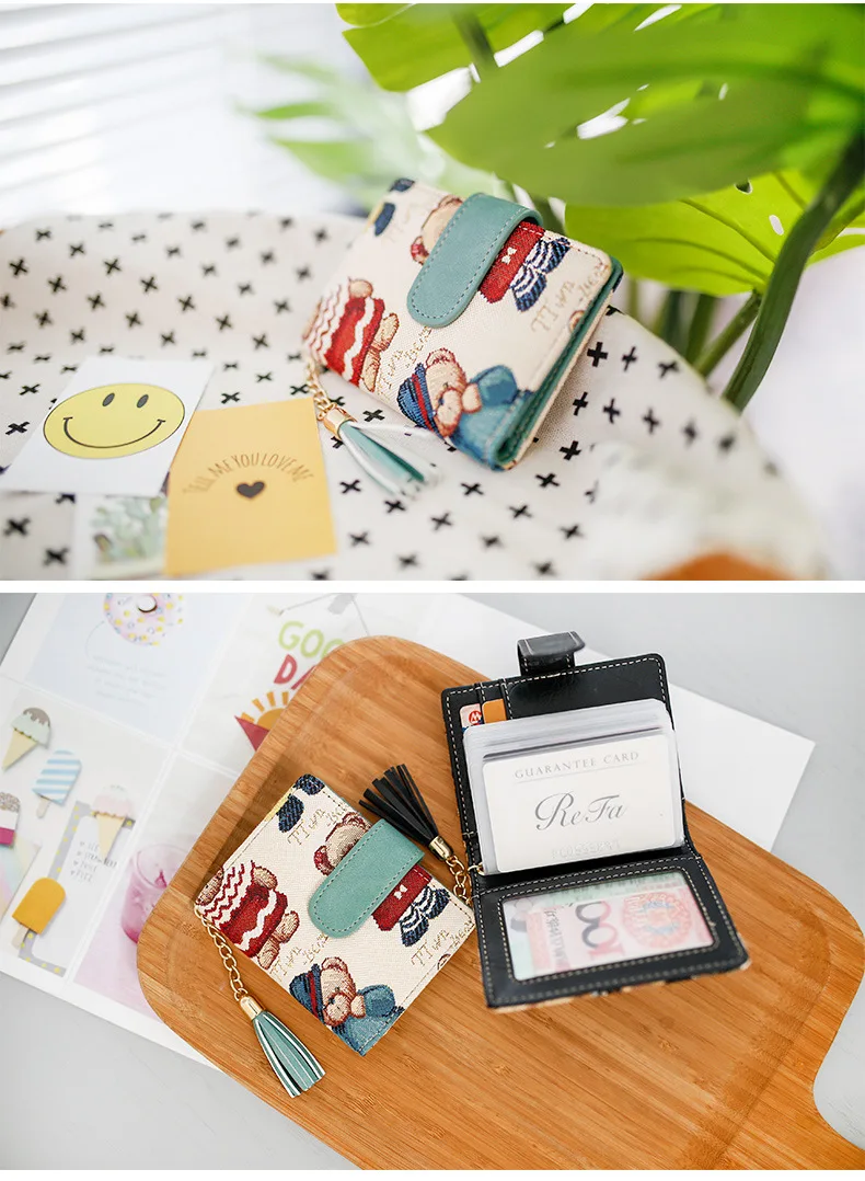Autumn New Style Colorful Cotton Pu Embroidered Women's Multi-functional Card Holder Anime Cartoon Cute Little Bear Wallet