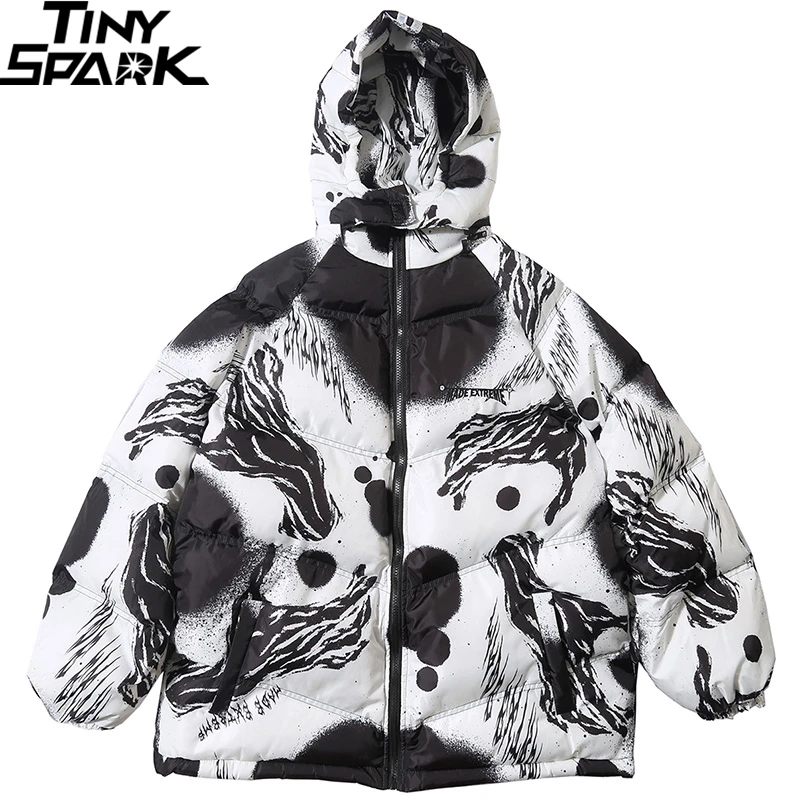 Хип-хоп Куртка парка с принтом чернил граффити Мужская зимняя ветровка с капюшоном уличная Harajuku стеганая куртка теплая куртка