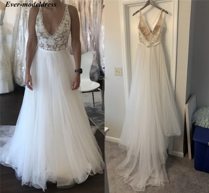

Boho Wedding Dresses Lace Open Back Spaghetti Straps Soft Tulle A-Line Bridal Gowns Bride Dress Vestidos De Noiva