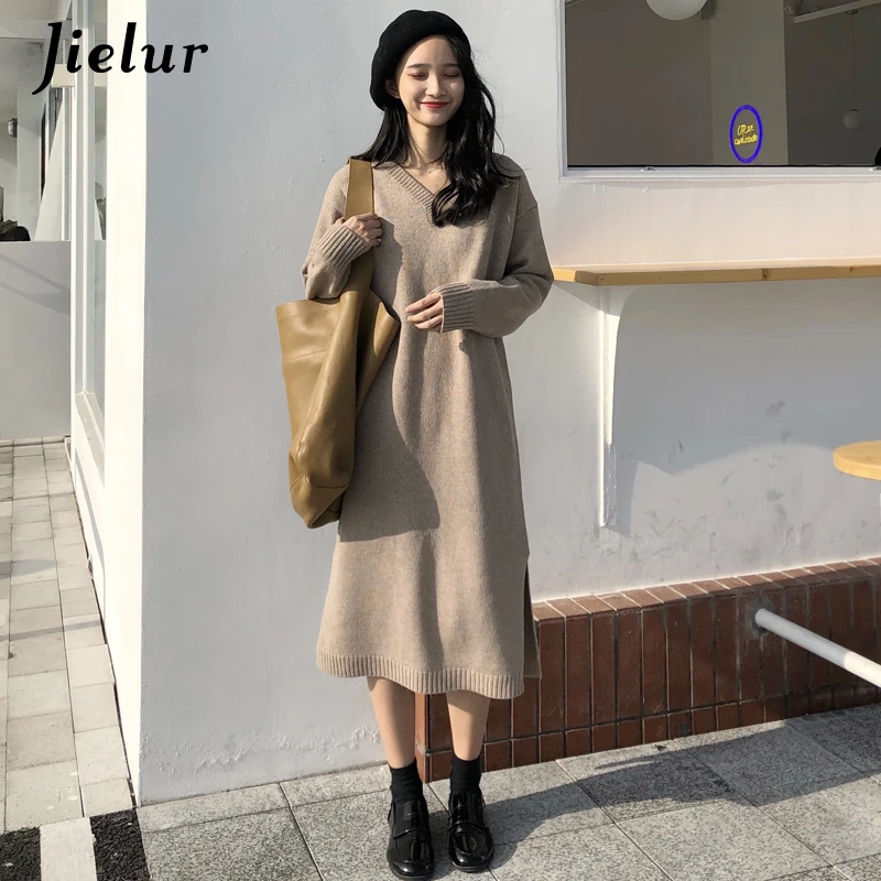 Jielur платье-свитер женское шикарное корейское стильное Новое Модное теплое вязаное платье винтажное хаки черное Vestidos повседневное с v-образным вырезом Vestido