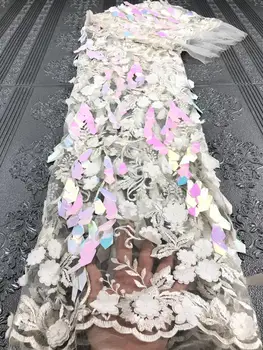 

2020 High Quality African nigerian Lace Fabric 3d Sequins tulle fabric With Stones For Dress Embroidery Tulle Guipure