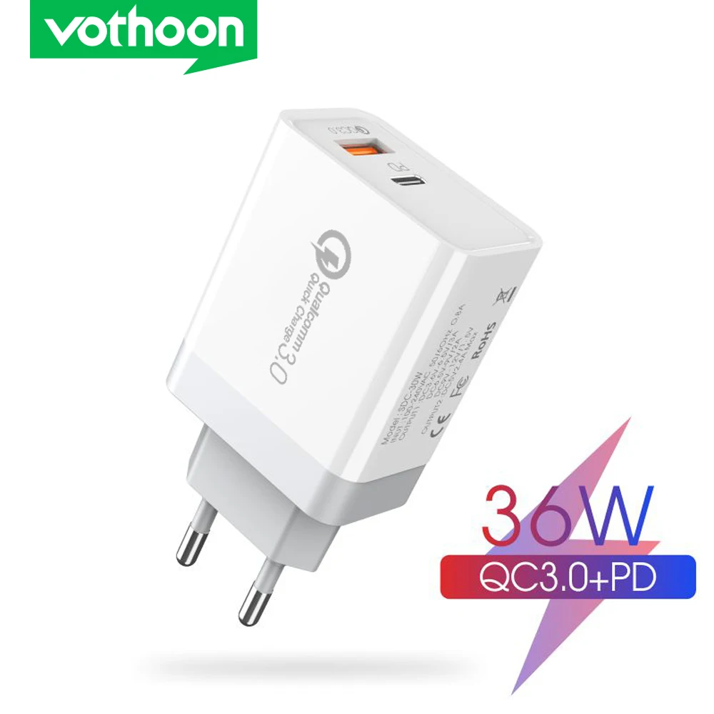 Зарядное устройство USB Vothoon 36 Вт быстрая зарядка 4 0 Тип C PD для iPhone 11 Samsung S10 зарядное