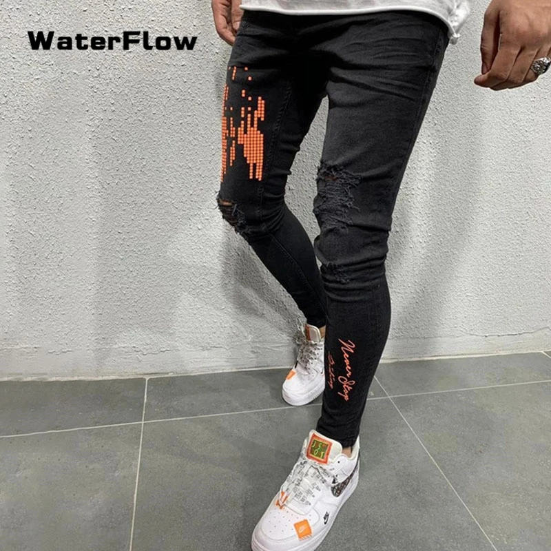 

2019 New Fit Straight Ripped Distressed Pleated Knee Patch Denim Pants Male Stretch Trousers Men's Painted Skinny Slim
