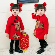 Детское зимнее милое шерстяное бархатное платье принцессы с вышивкой и воротником-стойкой с длинными рукавами