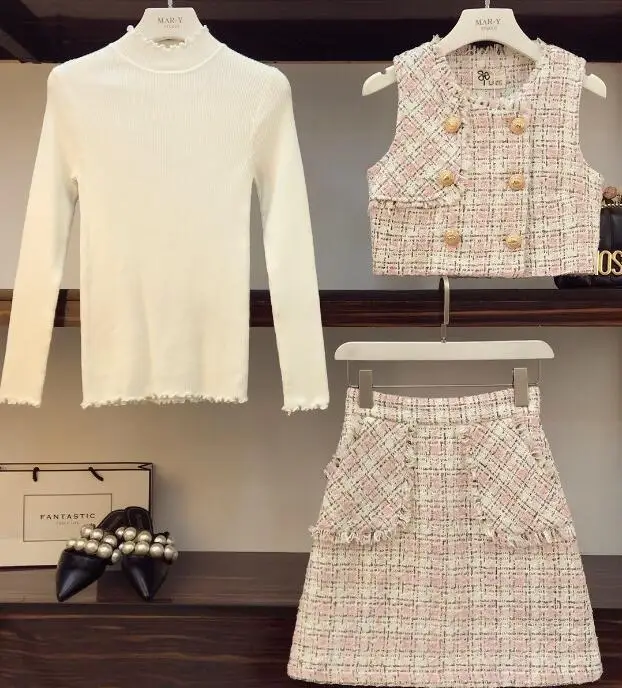 3 pcs set Осенне-зимний милый комплект одежды для девочек, костюм с юбкой Женская клетчатая Золотая кнопка твидовый жилет Топ+ шорты с завышенной талией и карманами комплект с мини-юбкой - Цвет: 3 pcs set