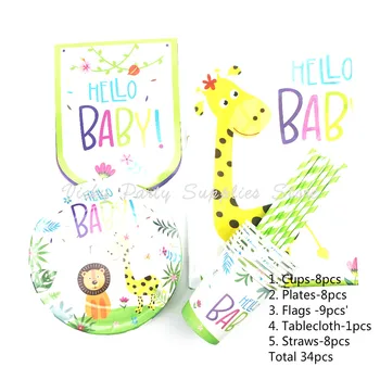 

34pcs/lot Jungle Animal Birthday Party Decoration Kids Disposable Tableware Cake Toppers Baby Shower Cat Lion Foil Safari Party