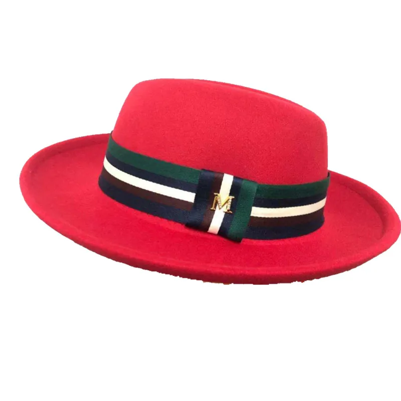 cream fedora hat Wholesale price Fedora hat new oval hat top M logo green ribbon accessories winter men and women felt jazz hat шляпа женская packable fedora