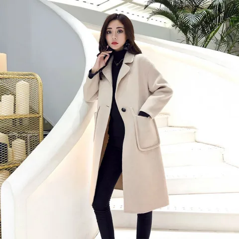 Creamy-white Осенне-зимнее шерстяное пальто для женщин повседневное однотонное водолазка элегантное Шерстяная Смесь на одной пуговице длинное пальто женская верхняя одежда - Цвет: Creamy-white