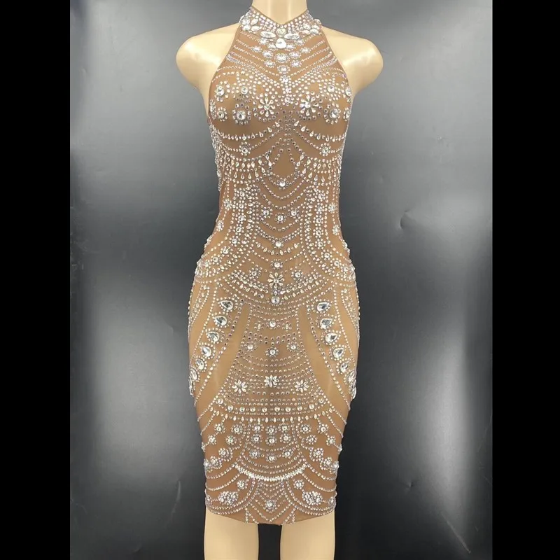 Прозрачное Сетчатое платье с серебряными камнями женский наряд для шоу певицы