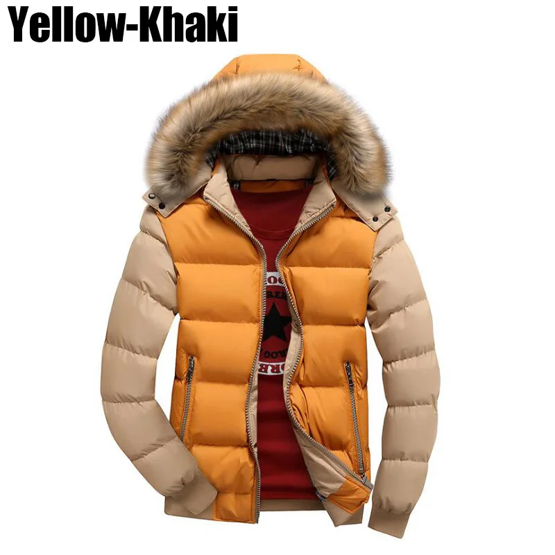 Yellow-Khaki Модная зимняя куртка мужская с меховым воротником с капюшоном мужская верхняя одежда пальто Классическая простая теплая парка мужская куртка - Цвет: Yellow-Khaki