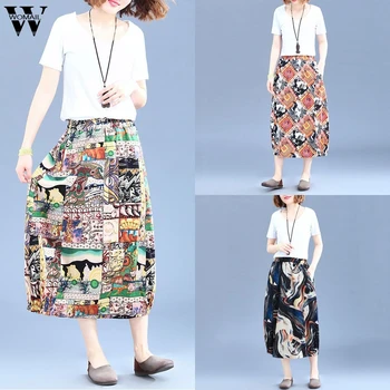 

Womail Skirt Women summer Boho Retro Print Ankle-Length skirt pocket beach Elastic-Waist vintage skirt faldas mujer holiday