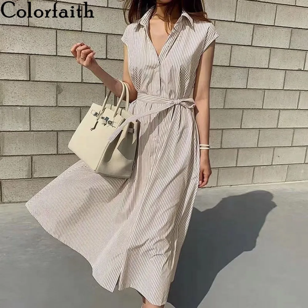 Colorfaith New 2021 Women Spring Summer Shirt Dress Multi Colors Casual Sleeveless Striped Oversize Lace Up Long Dress DR1970
