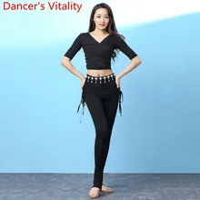 Женская одежда для танца живота, тренировочная одежда, Осенний топ с коротким рукавом и кулиской, юбка-штаны, восточные Индийские танцы, начинающих обучение S
