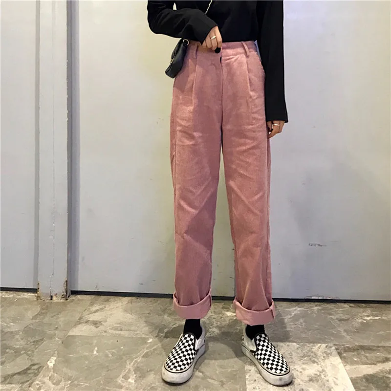Alien Kitty Новинка осень зима женские брюки с высокой талией свободные элегантные брюки корейский стиль повседневные Прямые вельветовые брюки - Цвет: pink