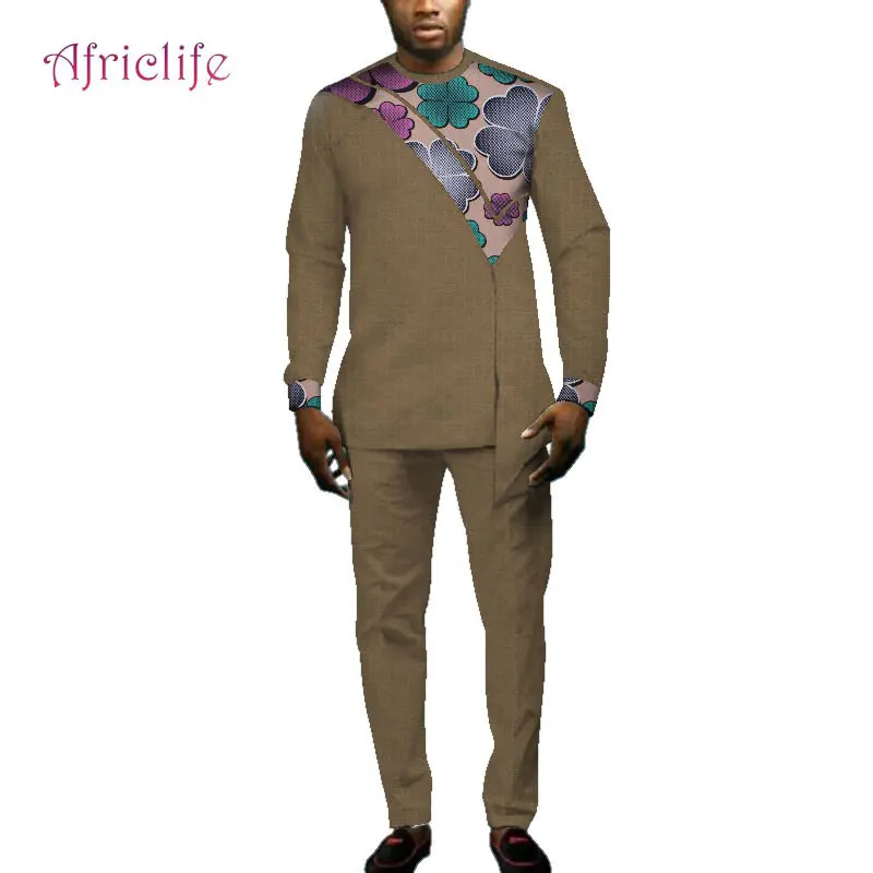 Повседневная мужская африканская одежда, комплекты из футболки и штанов Bazin Riche, африканская Дизайнерская одежда, Дашики, мужские комплекты из 2 предметов, WYN693 - Цвет: 2