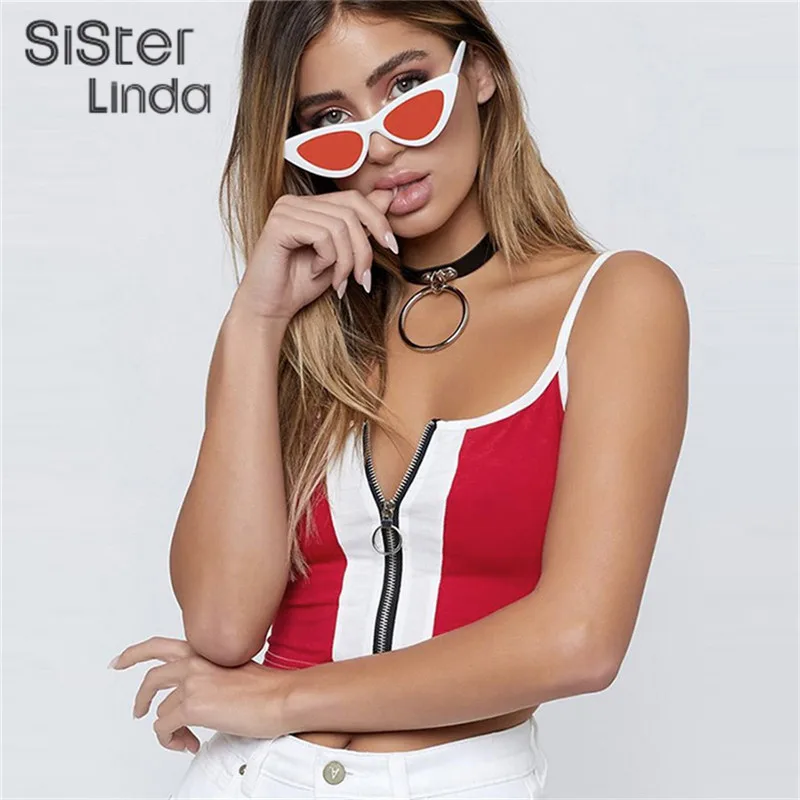 Sisterlinda, Новинка лета, модный вязаный укороченный топ, майка, Топ для женщин, тонкие лямки, на молнии, двухцветная, в полоску, женский, Mujer