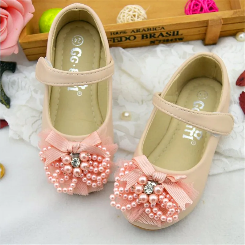 Европейские size19-34 туфли принцессы для девочки, летние детские модельные туфли для девочек, детская брендовая модная обувь для досуга с жемчужинами и цветами - Цвет: Beige g006