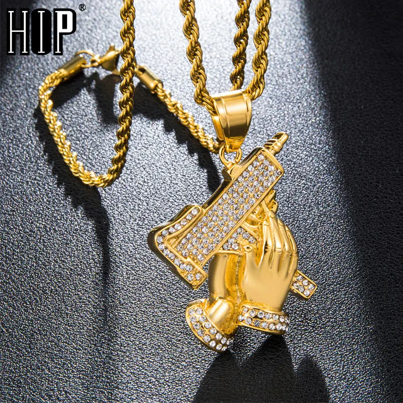 

HIP Hop Prayer Hand Shape Bling Iced Out Rhinestone Gold Color Stainless Steel Necklaces & Pendants For Men Jewelry